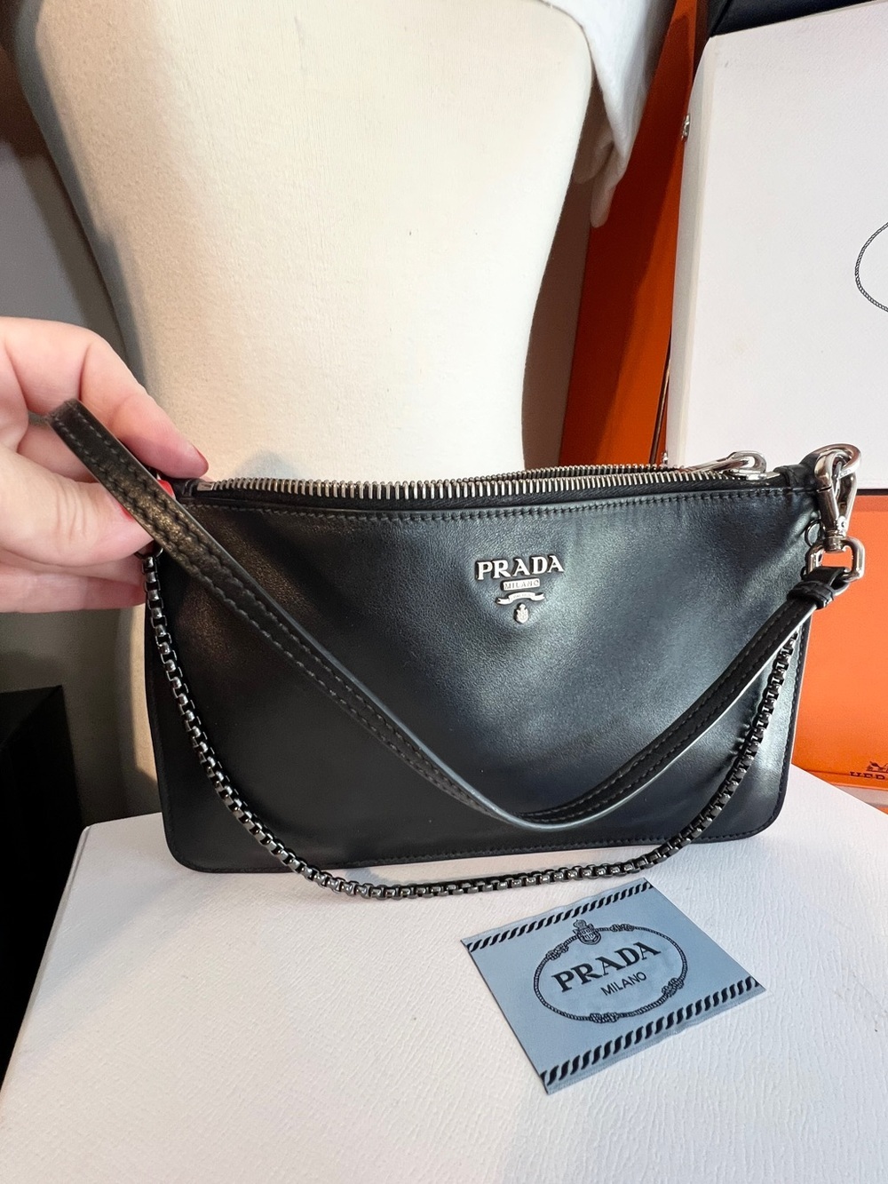 Prada Black & Silver Leather wristlet/pouch beige suede inside. 🌟Offers welcome! - Picture 8 of 14